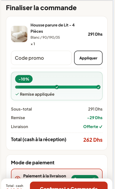 Full checkout: promo code, cash total, payment method with COD recommended