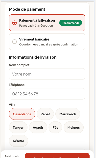 Delivery info: name, validated phone, city chips — sticky total and confirm